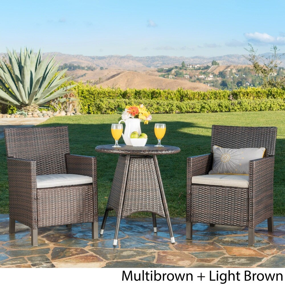 Cypress Outdoor 3-Piece Round Wicker Bistro Chat Set with Umbrella Hole & Cushions by Christopher Knight Home