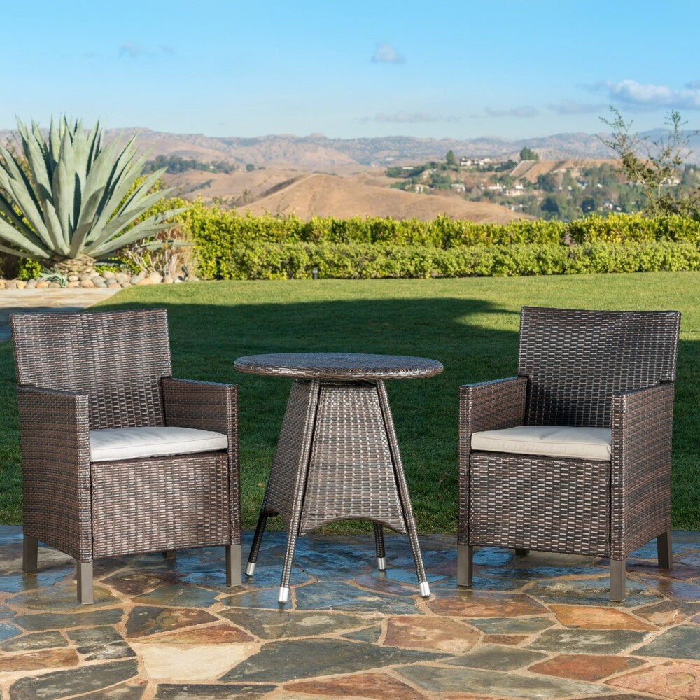 Cypress Outdoor 3-Piece Round Wicker Bistro Chat Set with Umbrella Hole & Cushions by Christopher Knight Home