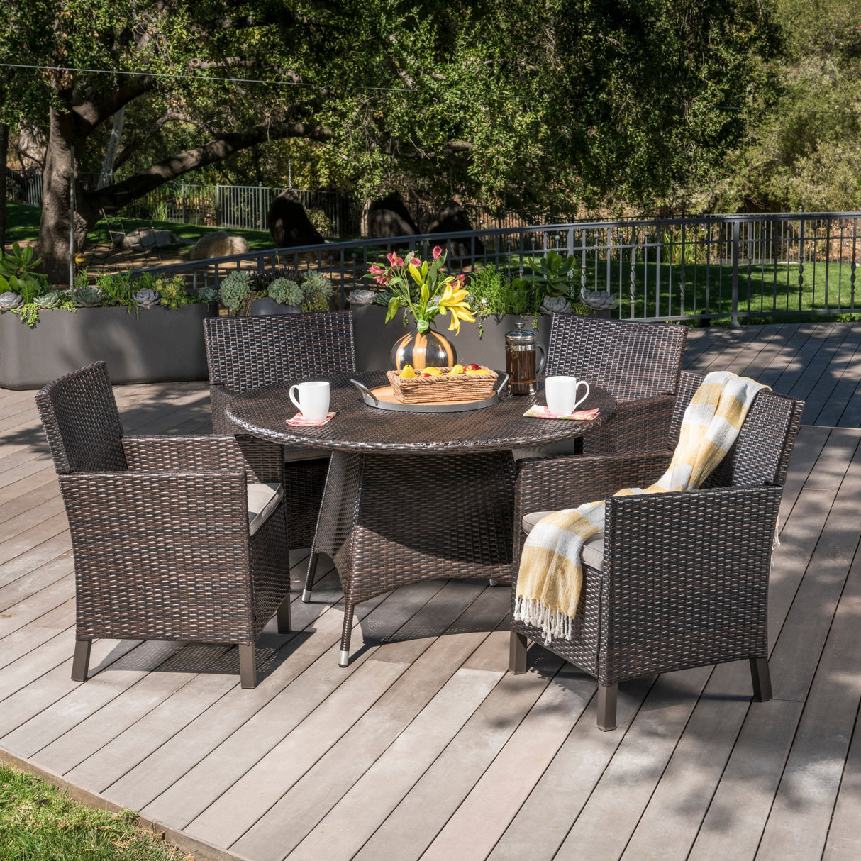 Cypress Outdoor 5-piece Round Wicker Dining Set with Cushions & Umbrella Hole by Christopher Knight Home
