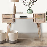 Cyril 45 Inch 4 Drawer Mango Wood Home Office Study Desk, Open Shelf, Angled Legs, Oak Brown