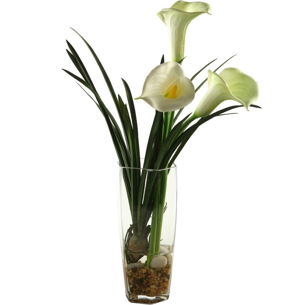 D&W Silks Calla Lilies in Glass Vase - White