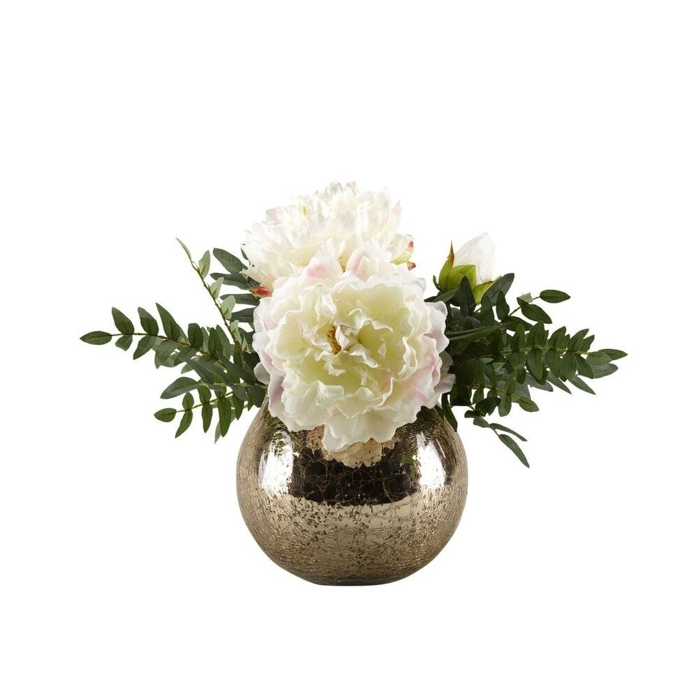 D&W Silks Large White Peonies in Rose Gold Glass Bowl