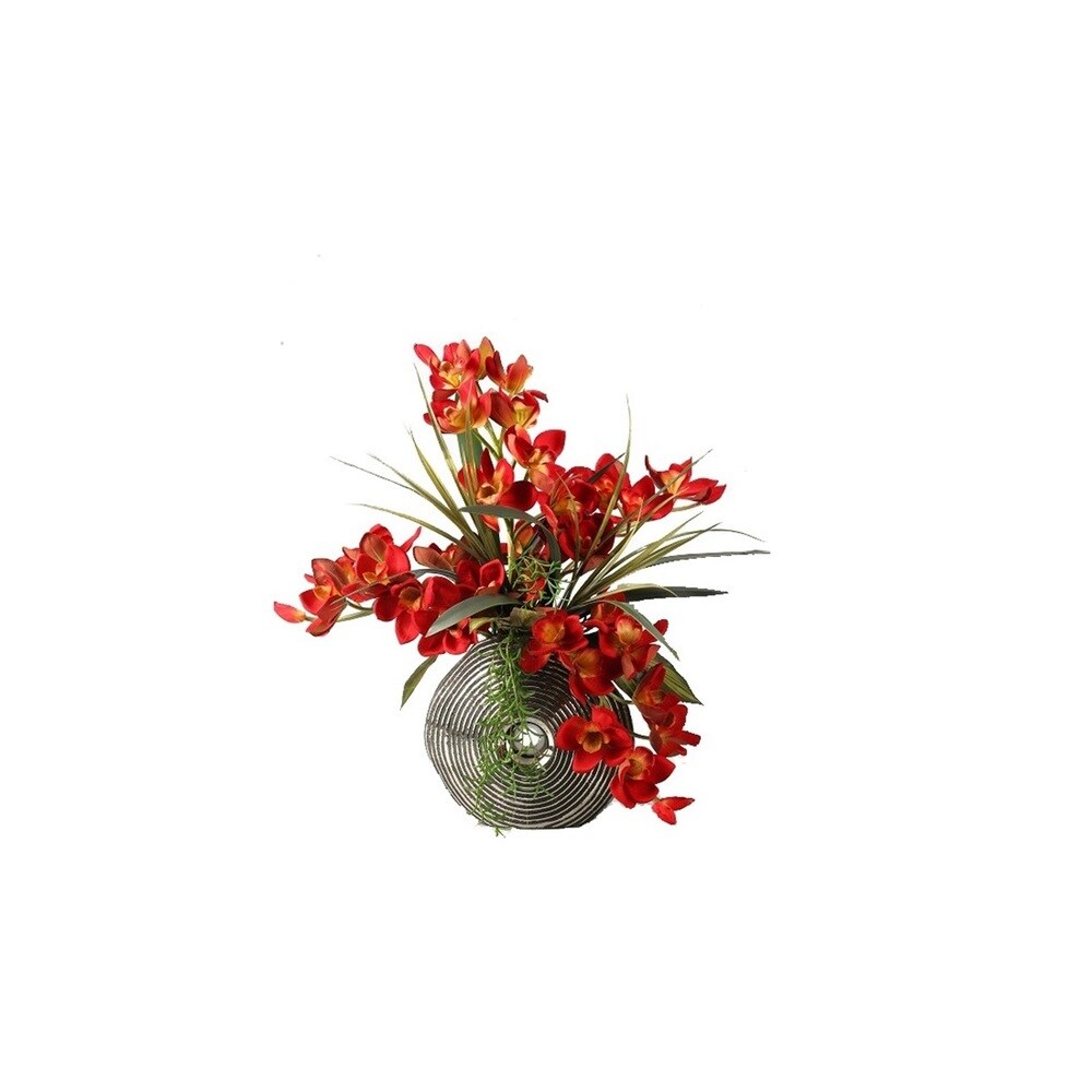 D&W Silks Red Cymbidium Orchids with Foliage and Succulents in Silver and Black Ceramic Planter