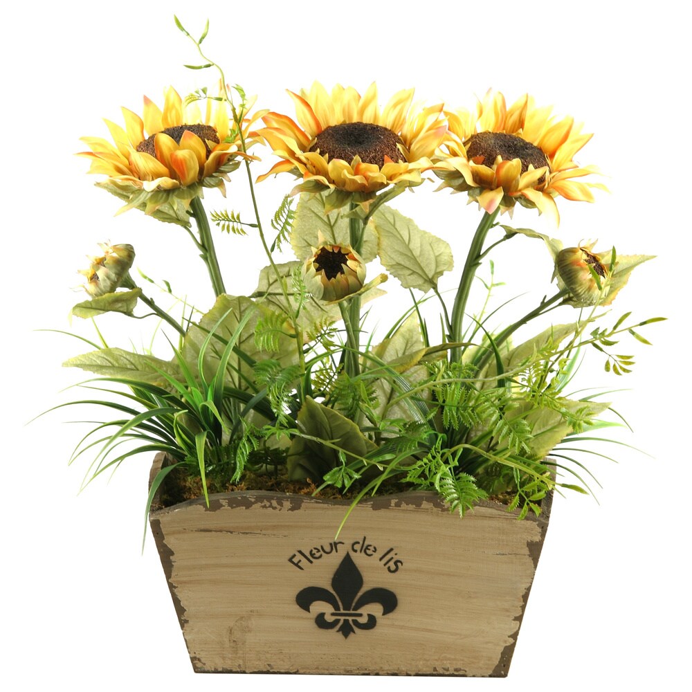 D&W Silks Sunflowers in Rectangle Flared Fleur De Lis Planter - Yellow