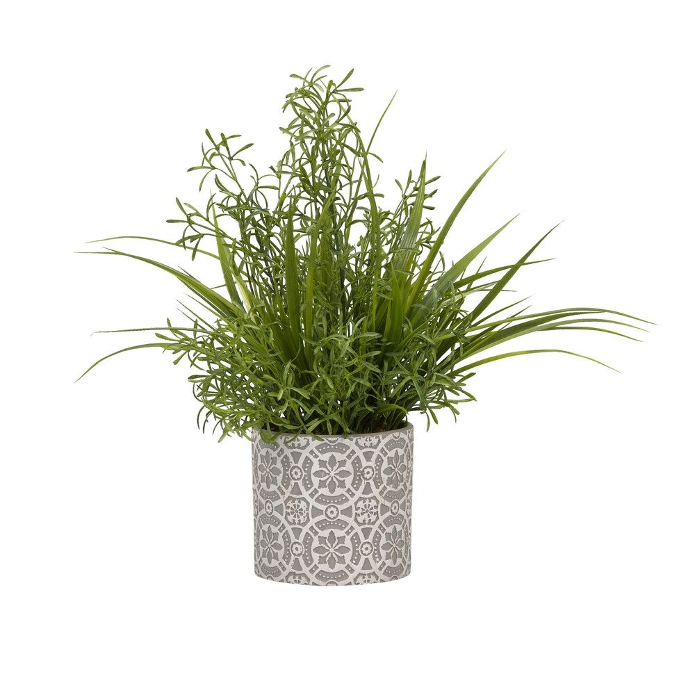 D&W Silks Wild Asparagus and Grass in Round Cement Planter - Green