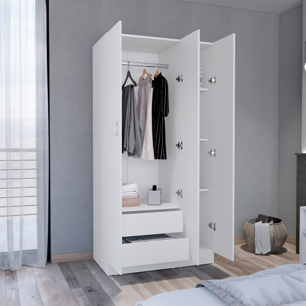 DEPOT E-SHOP Westbury Wardrobe Armoire with 3-Doors and 2-Inner Drawers, White