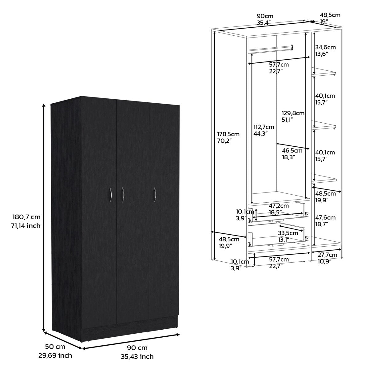 DEPOT E-SHOP Westbury Wardrobe Armoire with 3-Doors and 2-Inner Drawers, White