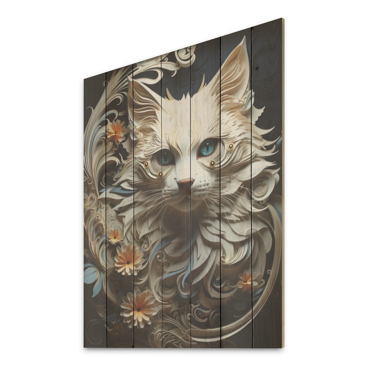 DESIGN ART "Balinese Beauty Cat" Cat Wood Wall Decor - Modern White Wood Panel On Natural Pine Wood