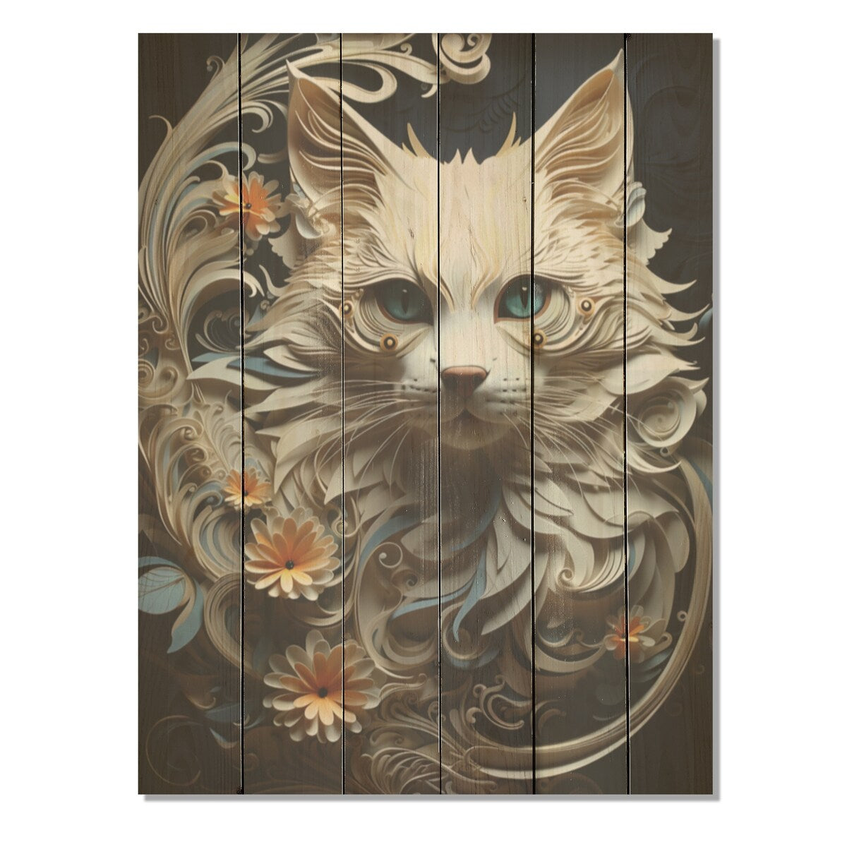DESIGN ART "Balinese Beauty Cat" Cat Wood Wall Decor - Modern White Wood Panel On Natural Pine Wood