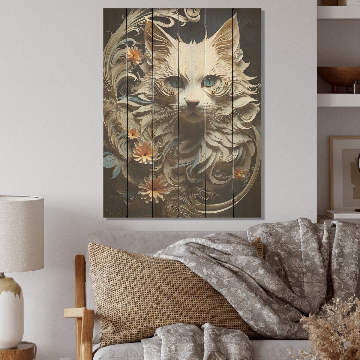 DESIGN ART "Balinese Beauty Cat" Cat Wood Wall Decor - Modern White Wood Panel On Natural Pine Wood
