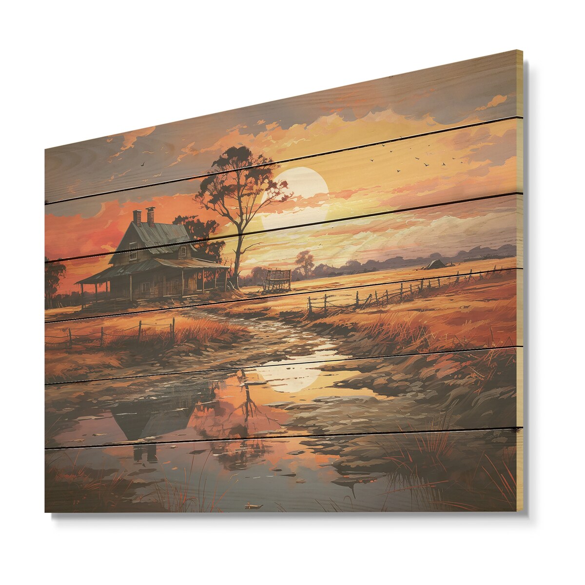 DESIGN ART "Barns Sunrise Country Charm" Barns Wood Wall Decor - Traditional Orange Wood Panel On Natural Pine Wood