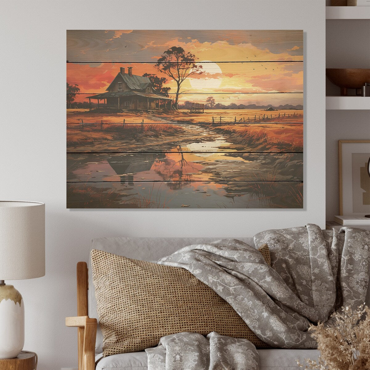 DESIGN ART "Barns Sunrise Country Charm" Barns Wood Wall Decor - Traditional Orange Wood Panel On Natural Pine Wood