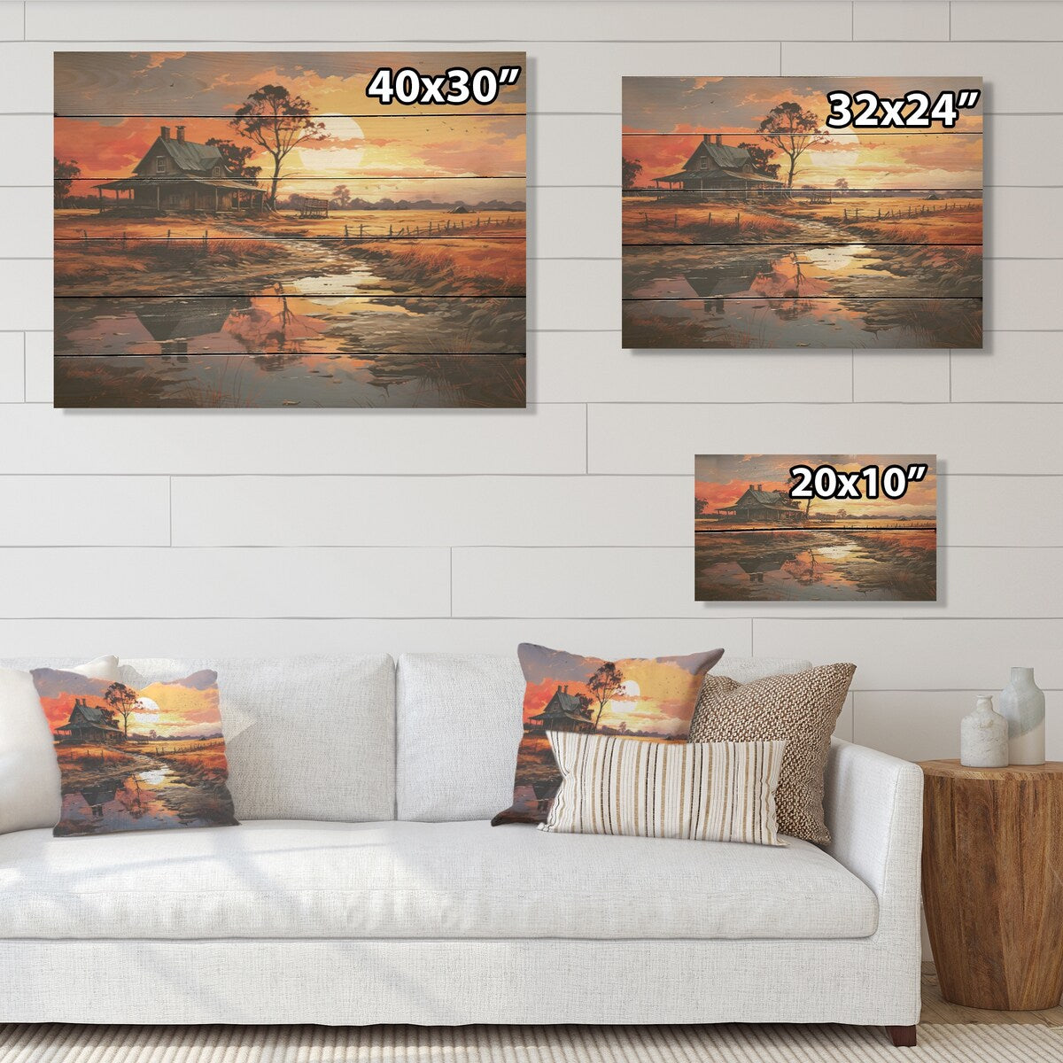 DESIGN ART "Barns Sunrise Country Charm" Barns Wood Wall Decor - Traditional Orange Wood Panel On Natural Pine Wood