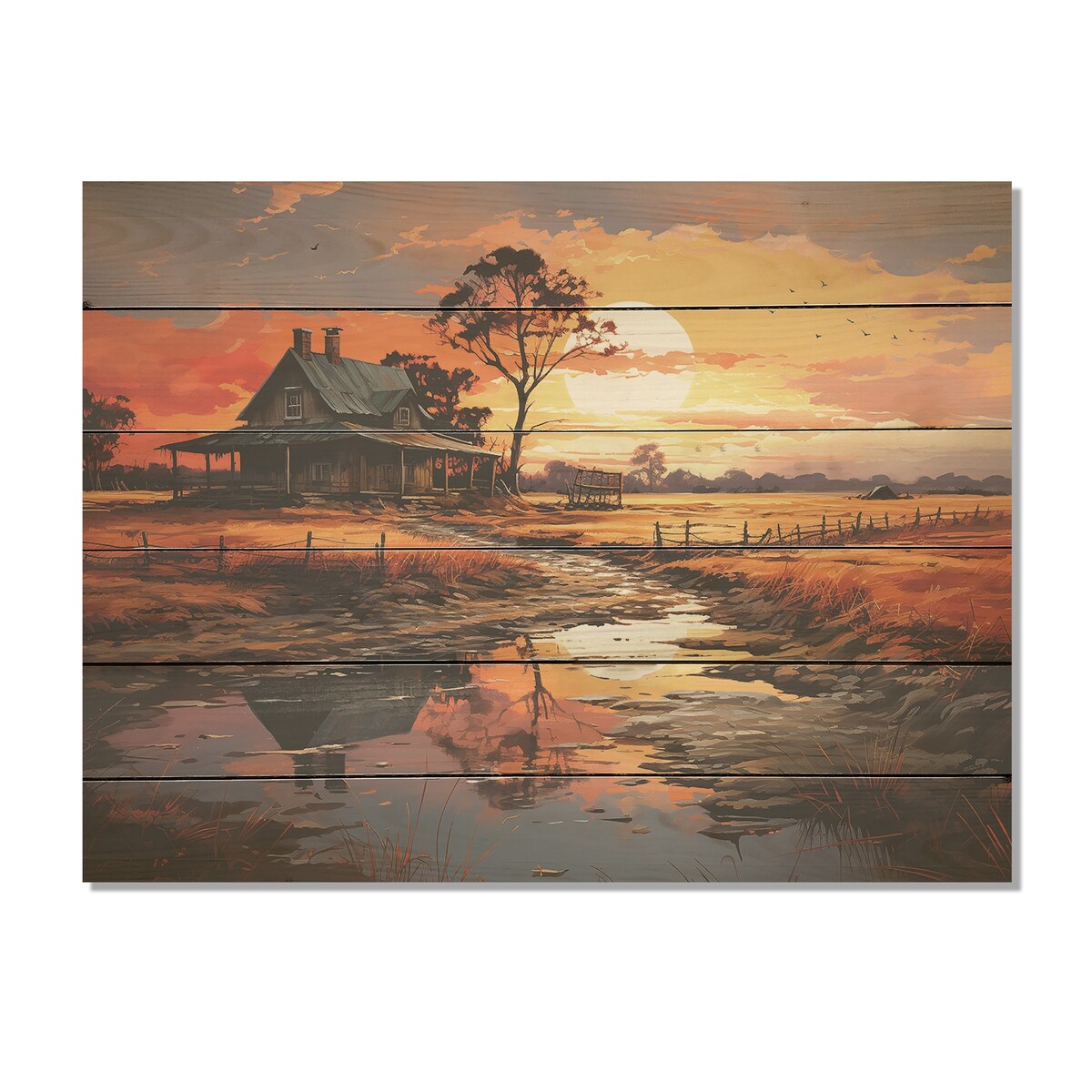 DESIGN ART "Barns Sunrise Country Charm" Barns Wood Wall Decor - Traditional Orange Wood Panel On Natural Pine Wood