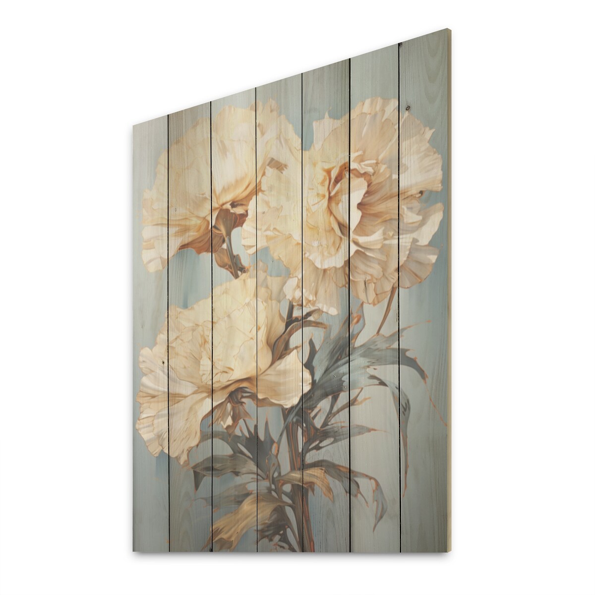 DESIGN ART "Beige Carnations On Blue" Carnations Wood Wall Decor - Traditional Beige Wood Panel On Natural Pine Wood