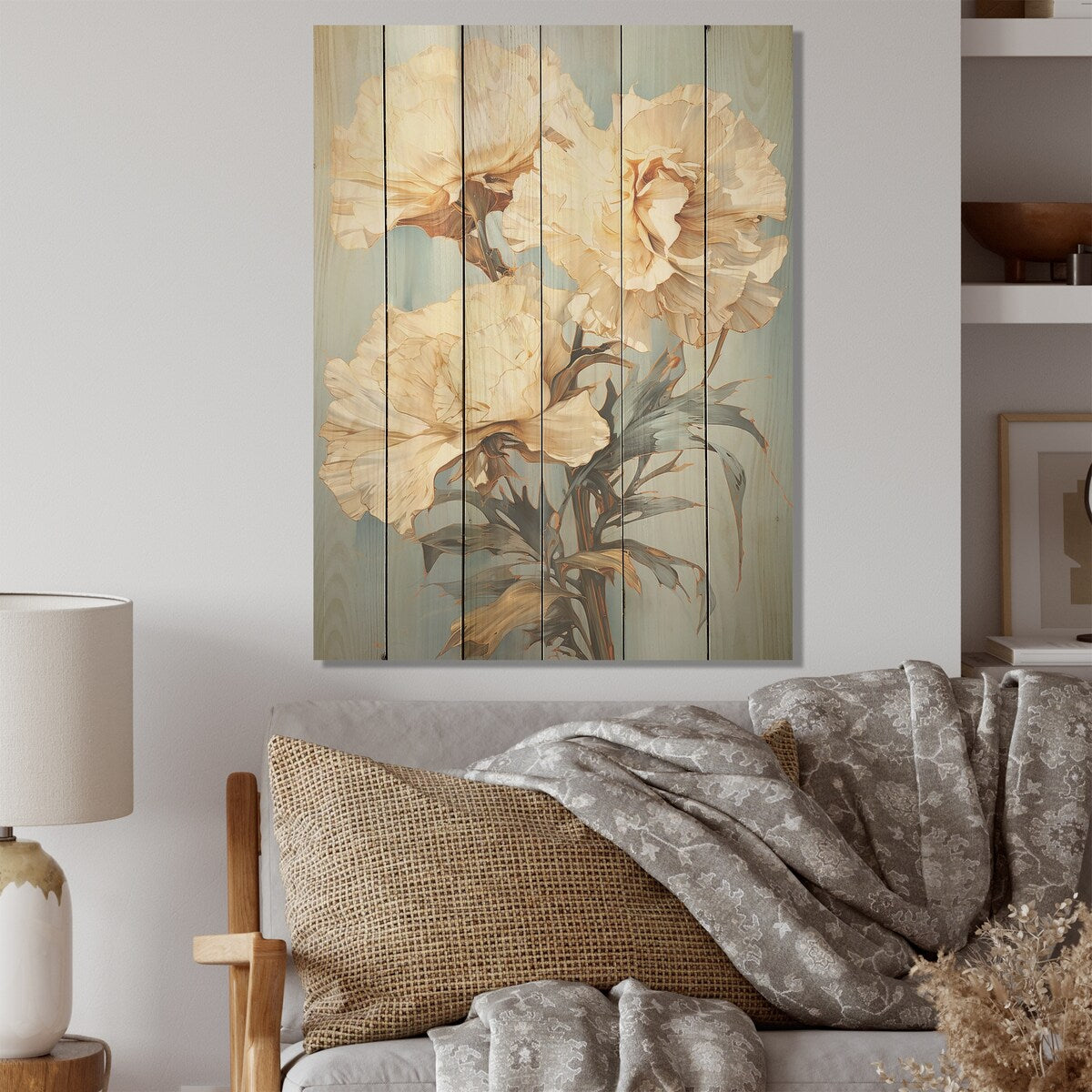 DESIGN ART "Beige Carnations On Blue" Carnations Wood Wall Decor - Traditional Beige Wood Panel On Natural Pine Wood