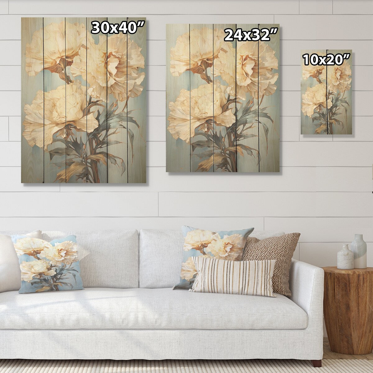 DESIGN ART "Beige Carnations On Blue" Carnations Wood Wall Decor - Traditional Beige Wood Panel On Natural Pine Wood