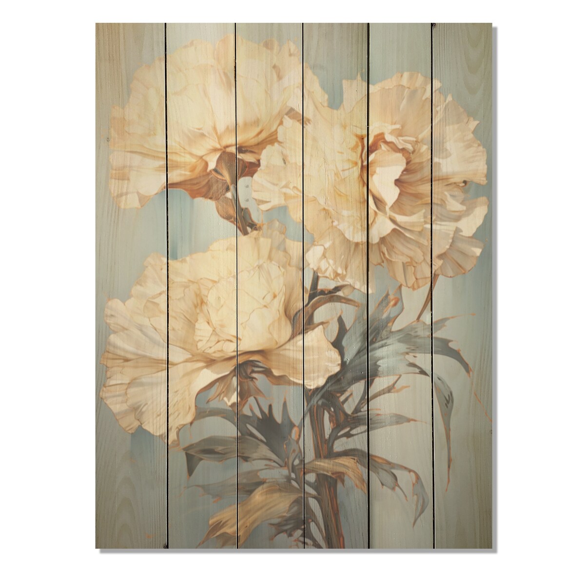 DESIGN ART "Beige Carnations On Blue" Carnations Wood Wall Decor - Traditional Beige Wood Panel On Natural Pine Wood