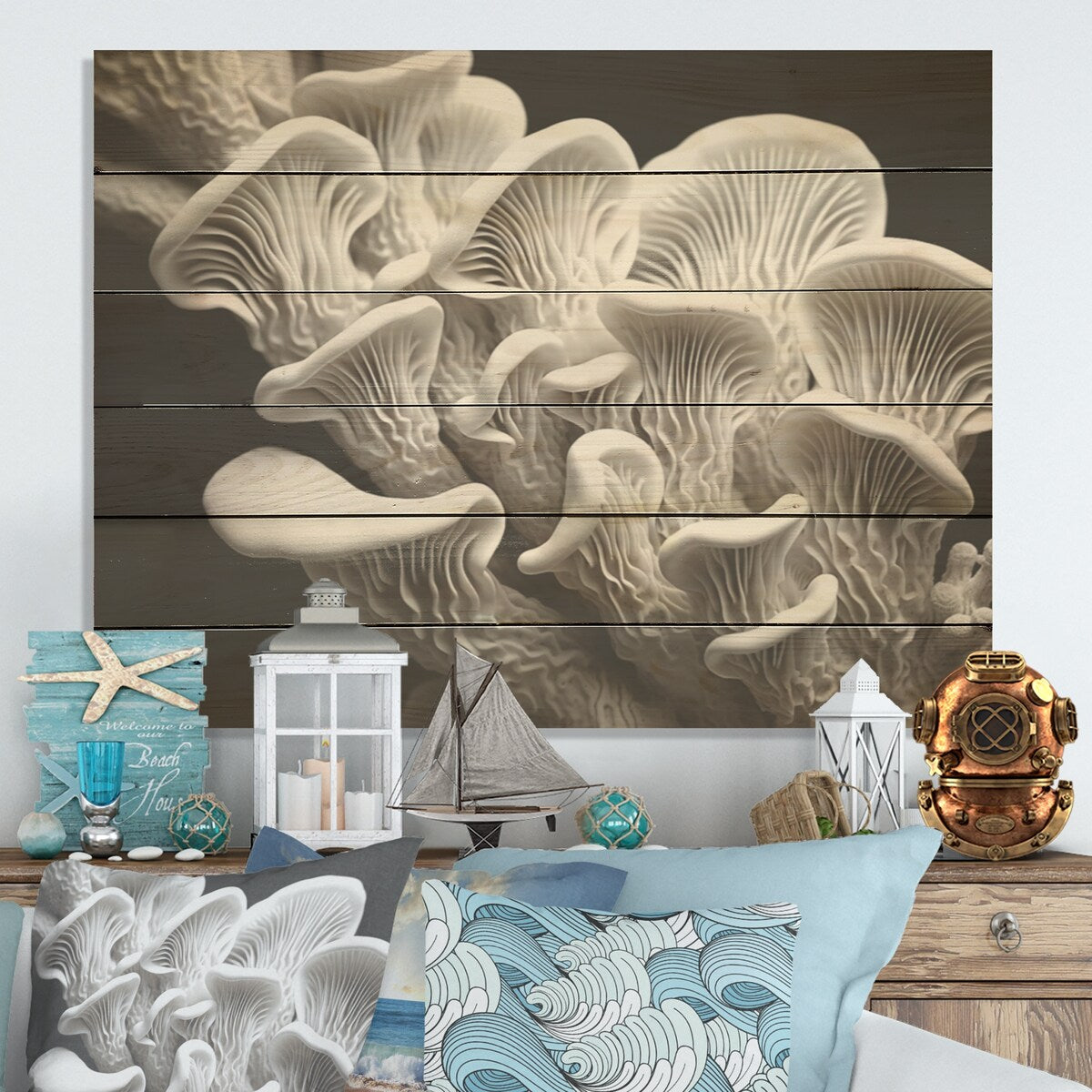 DESIGN ART "Black And White Anemone Reef" Coastal Coral Under Water Wood Wall Decor Grey Wood Panel On Natural Pine Wood