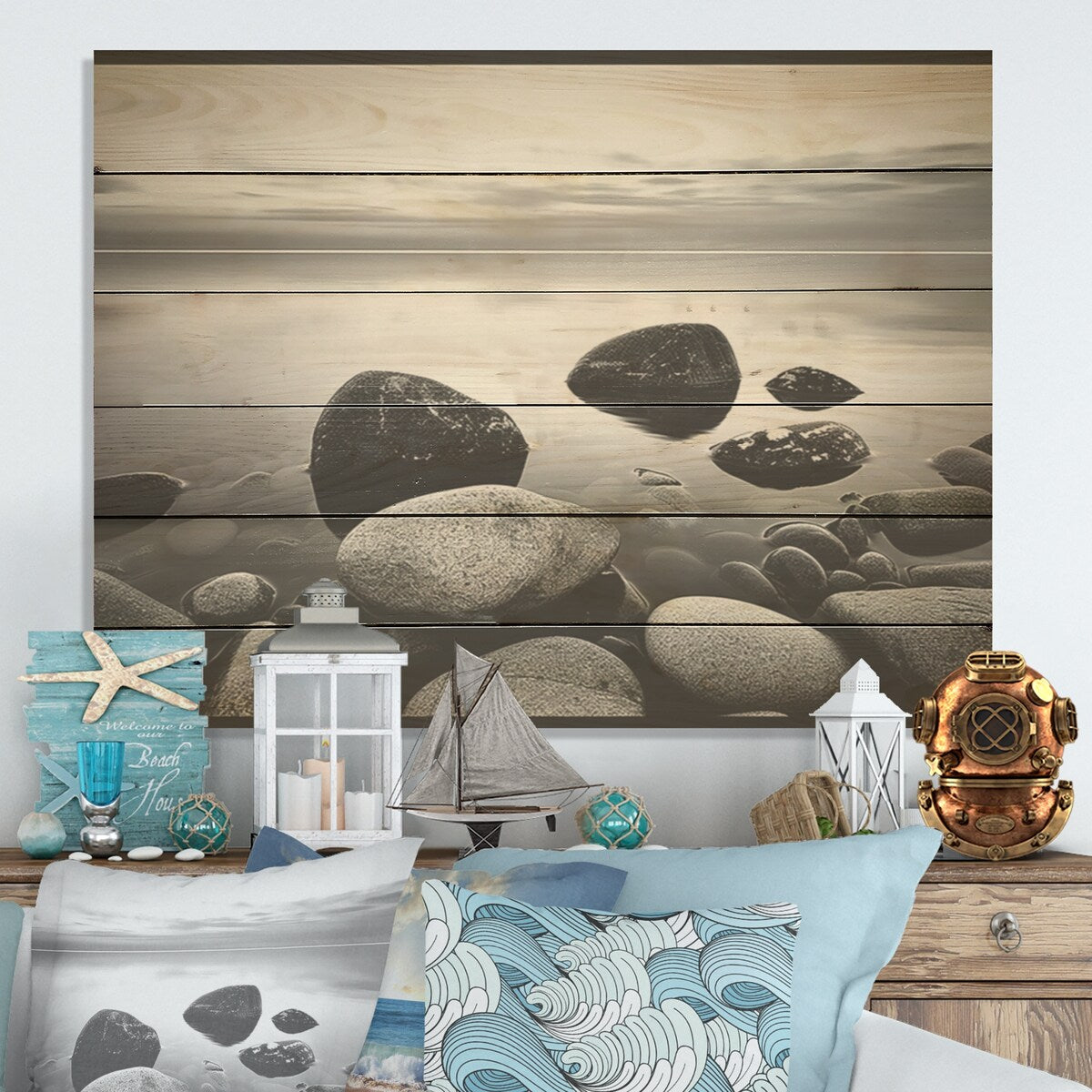 DESIGN ART "Black And White Rocky Beach Horizon" Coastal Minimalism Wood Wall Art Black Wood Panel On Natural Pine Wood