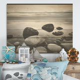 DESIGN ART "Black And White Rocky Beach Horizon" Coastal Minimalism Wood Wall Art Black Wood Panel On Natural Pine Wood