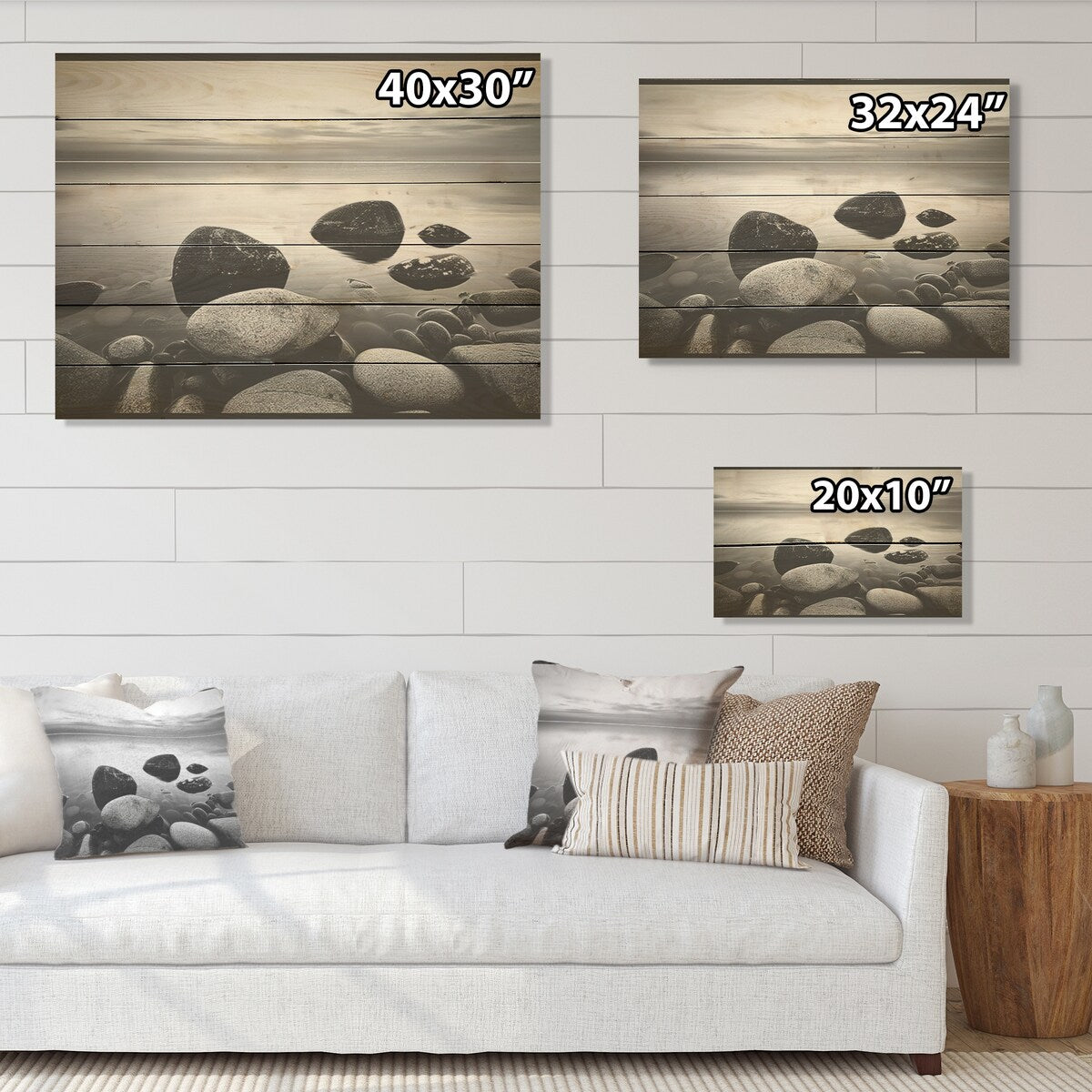 DESIGN ART "Black And White Rocky Beach Horizon" Coastal Minimalism Wood Wall Art Black Wood Panel On Natural Pine Wood