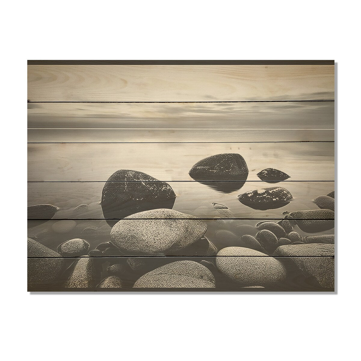 DESIGN ART "Black And White Rocky Beach Horizon" Coastal Minimalism Wood Wall Art Black Wood Panel On Natural Pine Wood