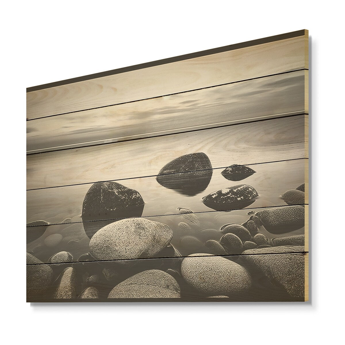 DESIGN ART "Black And White Rocky Beach Horizon" Coastal Minimalism Wood Wall Art Black Wood Panel On Natural Pine Wood