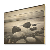 DESIGN ART "Black And White Rocky Beach Horizon" Coastal Minimalism Wood Wall Art Black Wood Panel On Natural Pine Wood