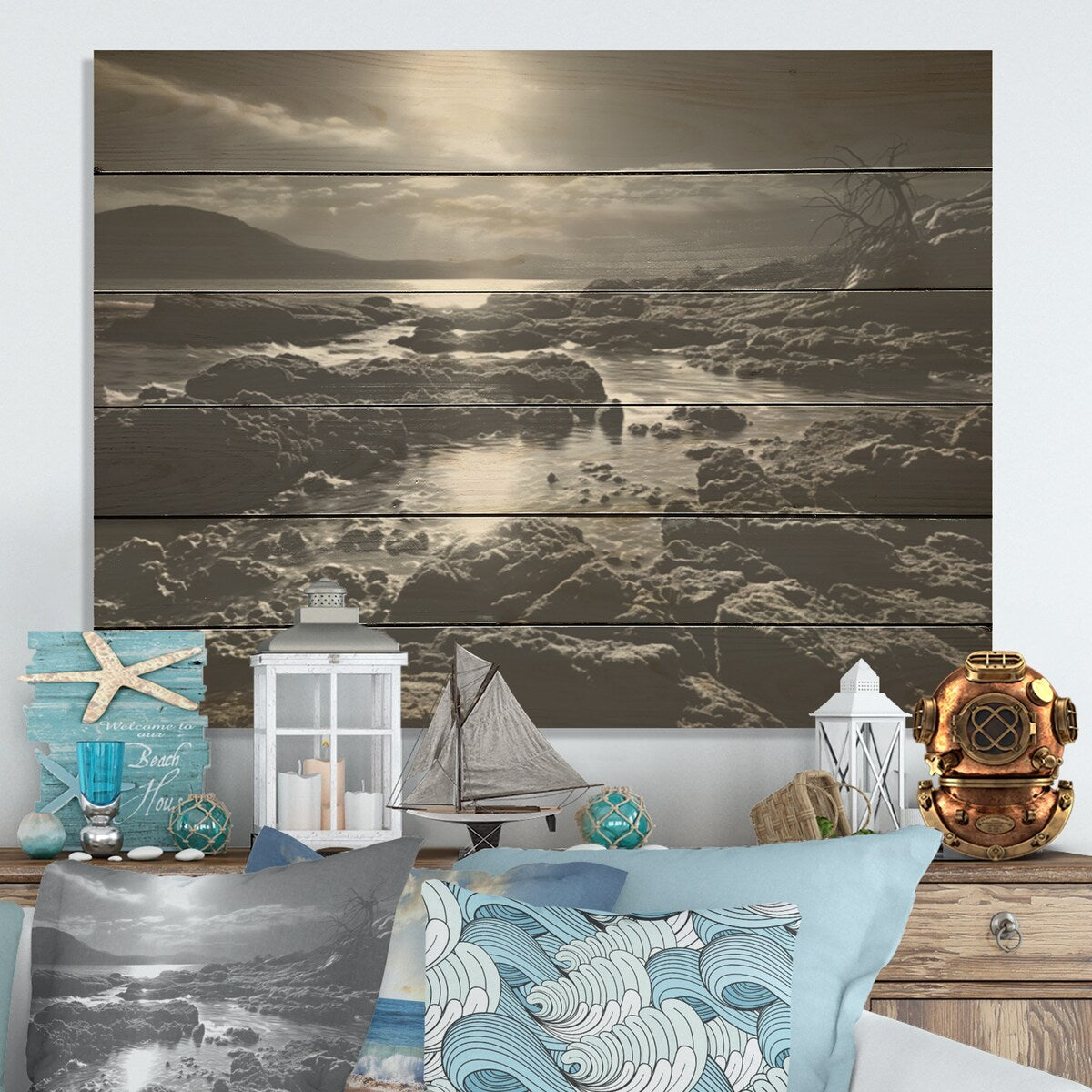 DESIGN ART "Black And White Rocky Beach" Coastal Coral Under Water Wood Wall Decor Black Wood Panel On Natural Pine Wood