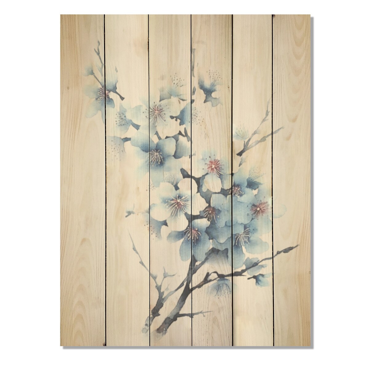DESIGN ART "Blue And White Cherry Blossoms Sapphire" Cherry Wood Wall Art - Traditional Wood Panel On Natural Pine Wood