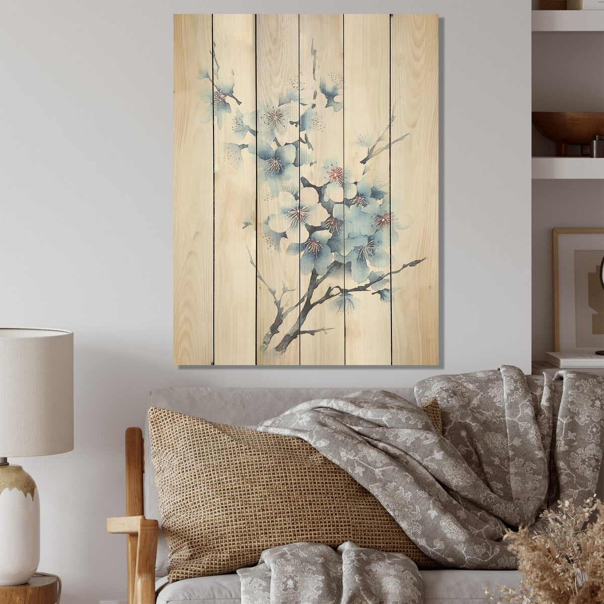 DESIGN ART "Blue And White Cherry Blossoms Sapphire" Cherry Wood Wall Art - Traditional Wood Panel On Natural Pine Wood