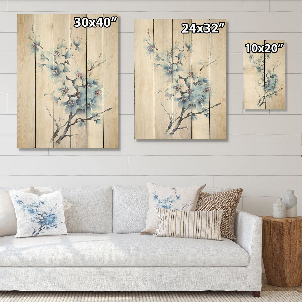 DESIGN ART "Blue And White Cherry Blossoms Sapphire" Cherry Wood Wall Art - Traditional Wood Panel On Natural Pine Wood