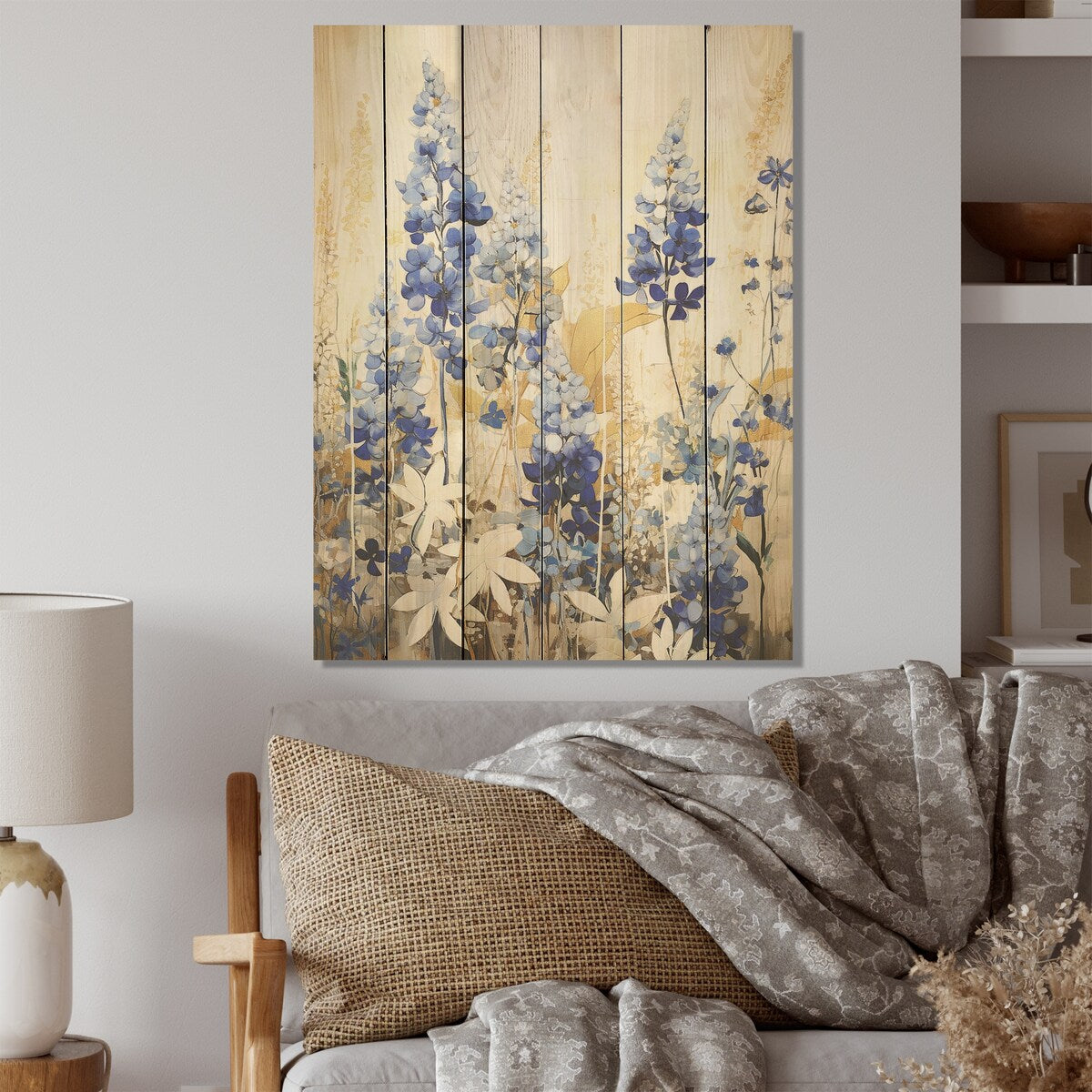 DESIGN ART "Blue Bonnets Simplicity Meadow" Blue Bonnets Wood Wall Decor - Traditional Wood Panel On Natural Pine Wood