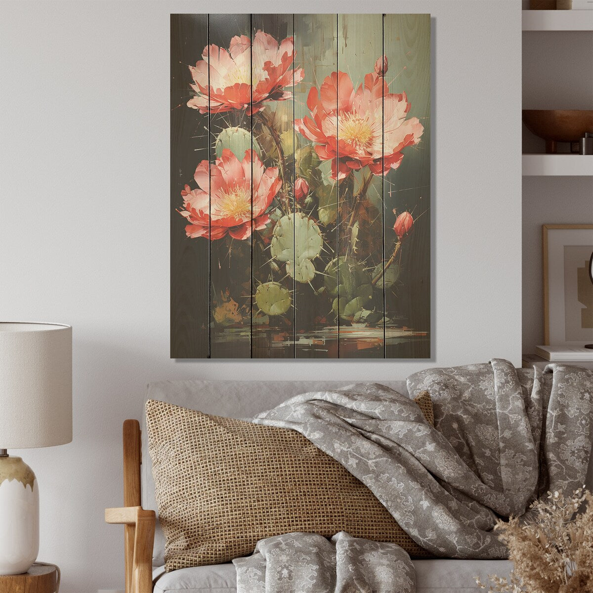 DESIGN ART "Cactus Ruby Blooms I" Cactus Wood Wall Decor - Traditional Red Wood Panel On Natural Pine Wood