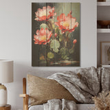 DESIGN ART "Cactus Ruby Blooms I" Cactus Wood Wall Decor - Traditional Red Wood Panel On Natural Pine Wood