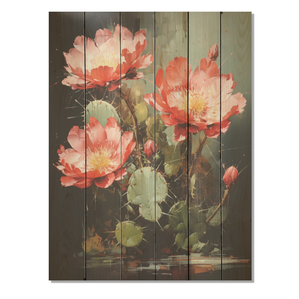 DESIGN ART "Cactus Ruby Blooms I" Cactus Wood Wall Decor - Traditional Red Wood Panel On Natural Pine Wood