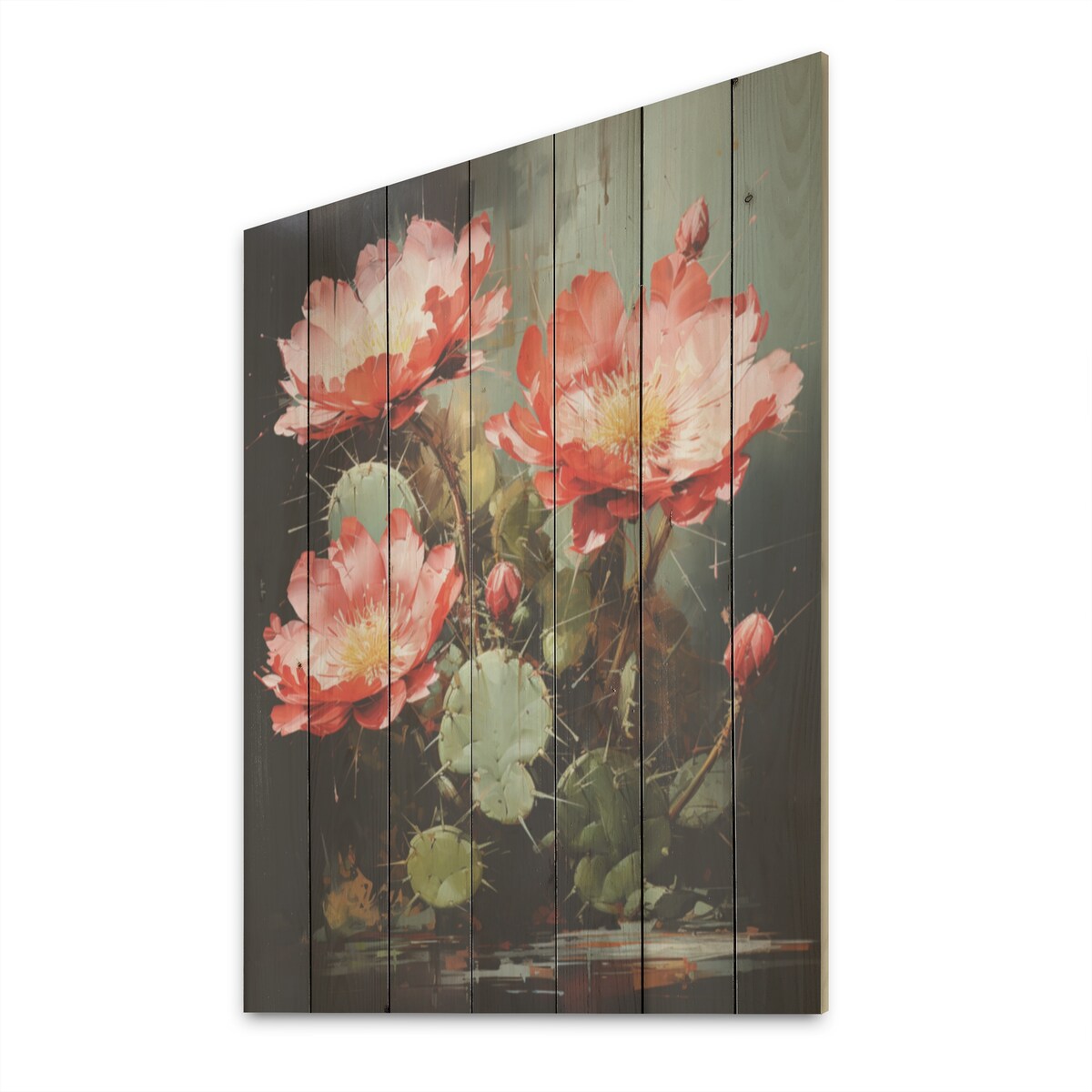 DESIGN ART "Cactus Ruby Blooms I" Cactus Wood Wall Decor - Traditional Red Wood Panel On Natural Pine Wood