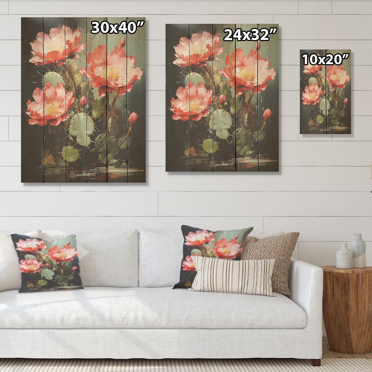 DESIGN ART "Cactus Ruby Blooms I" Cactus Wood Wall Decor - Traditional Red Wood Panel On Natural Pine Wood