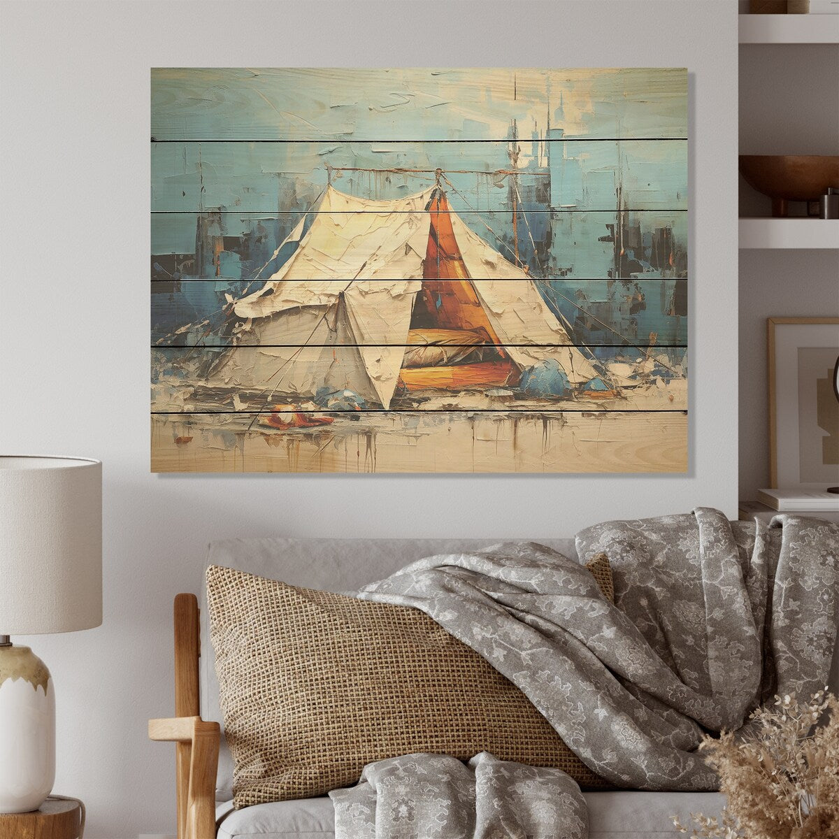 DESIGN ART "Camping Tent Outdoor Adventure I" Camping Travel Wood Wall Decor - Country Wood Panel On Natural Pine Wood