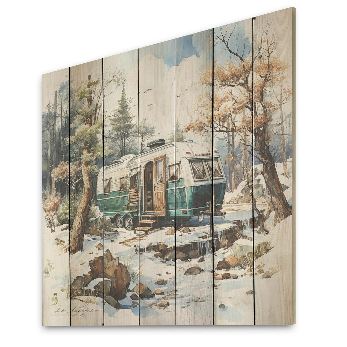 DESIGN ART "Camping Van Charm In Winter I" Camping Travel Wood Wall Decor Country Grey Wood Panel On Natural Pine Wood