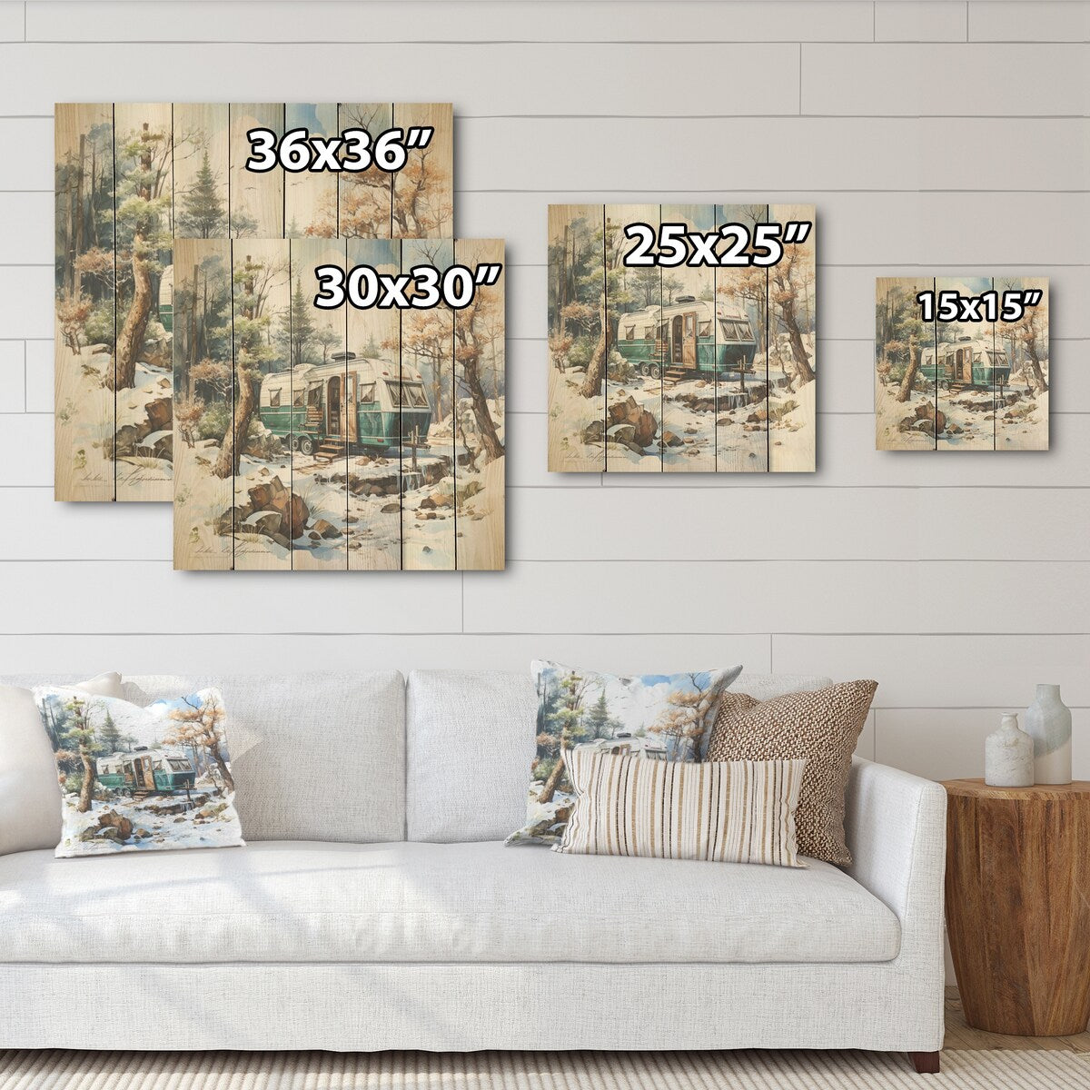 DESIGN ART "Camping Van Charm In Winter I" Camping Travel Wood Wall Decor Country Grey Wood Panel On Natural Pine Wood