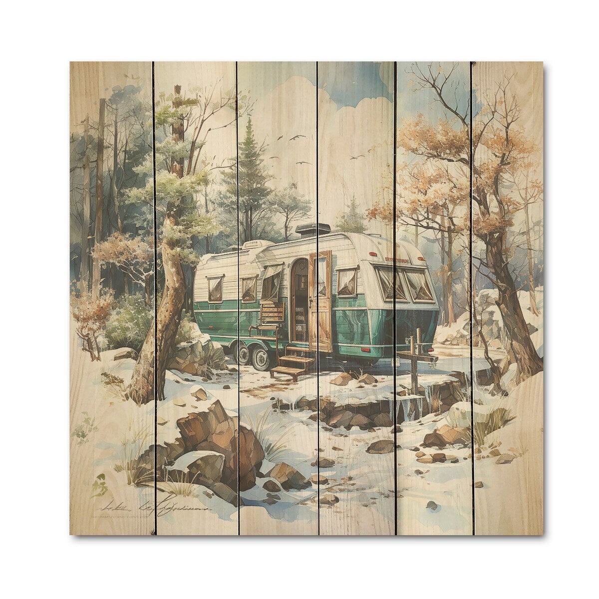 DESIGN ART "Camping Van Charm In Winter I" Camping Travel Wood Wall Decor Country Grey Wood Panel On Natural Pine Wood