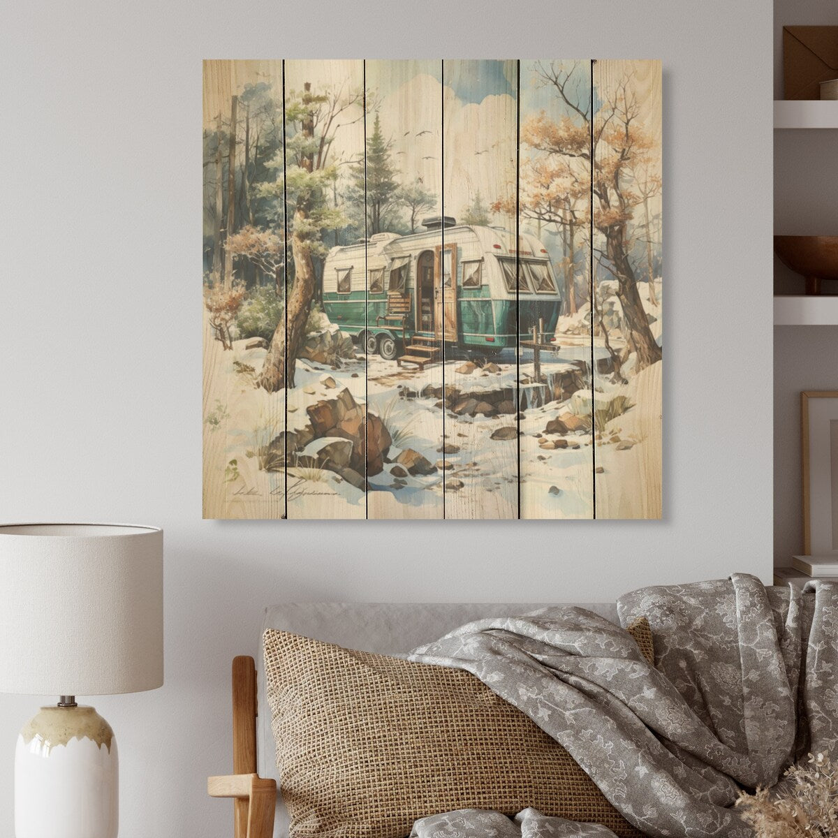 DESIGN ART "Camping Van Charm In Winter I" Camping Travel Wood Wall Decor Country Grey Wood Panel On Natural Pine Wood