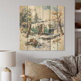 DESIGN ART "Camping Van Charm In Winter I" Camping Travel Wood Wall Decor Country Grey Wood Panel On Natural Pine Wood