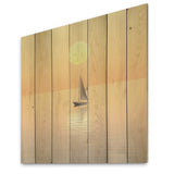 DESIGN ART "Coastal Calm Yellow Sailboat Photo" Coastal Wood Wall Decor - Yellow Wood Panel On Natural Pine Wood