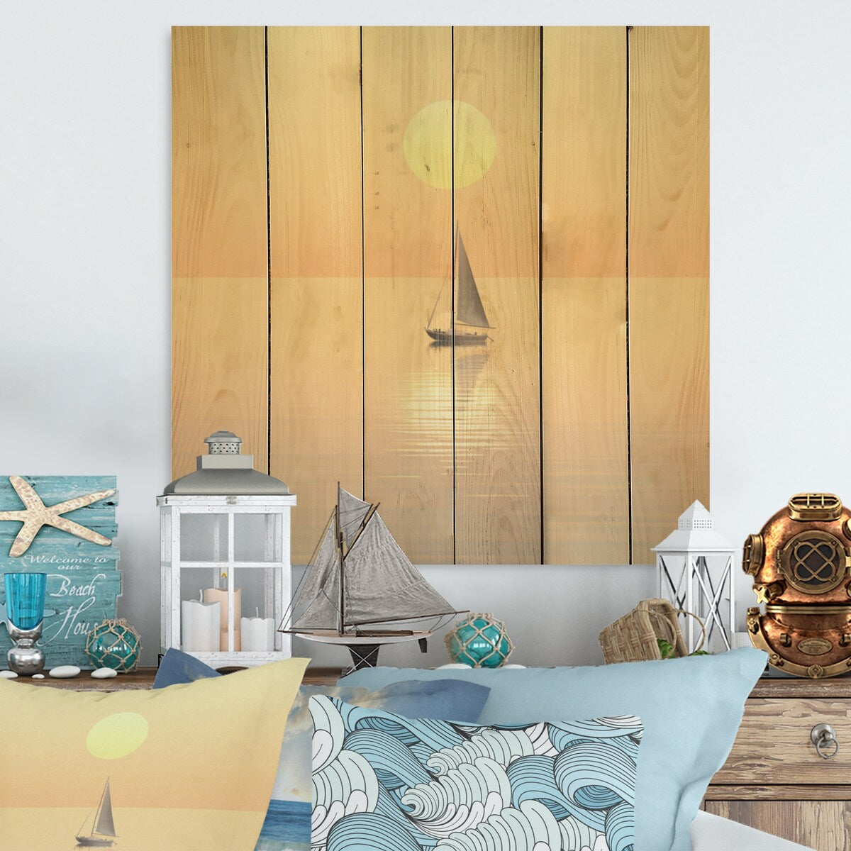 DESIGN ART "Coastal Calm Yellow Sailboat Photo" Coastal Wood Wall Decor - Yellow Wood Panel On Natural Pine Wood