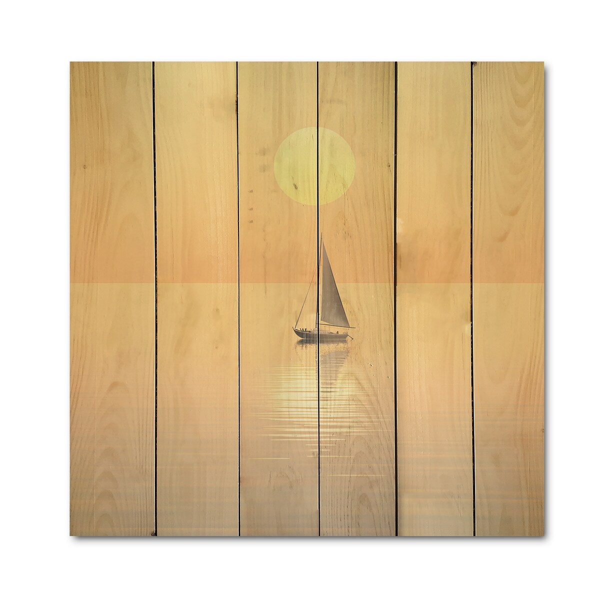 DESIGN ART "Coastal Calm Yellow Sailboat Photo" Coastal Wood Wall Decor - Yellow Wood Panel On Natural Pine Wood