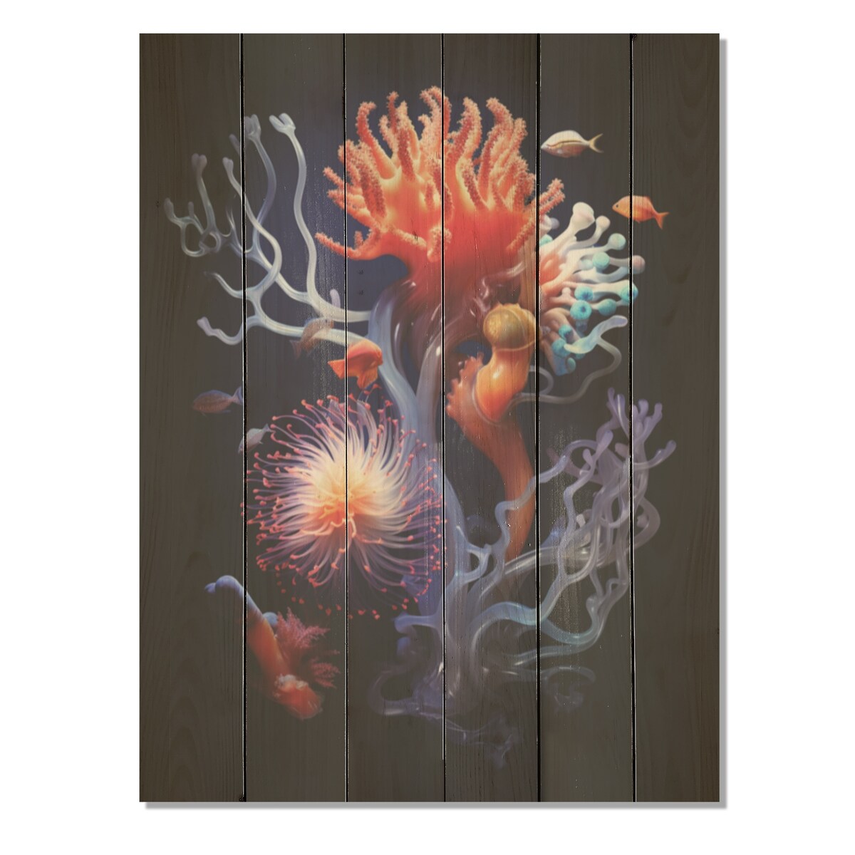 DESIGN ART "Colorful Pruple And Black Coral Expression" Coastal Coral Under Water Wood Panel On Natural Pine Wood