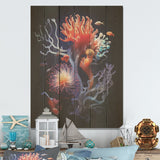 DESIGN ART "Colorful Pruple And Black Coral Expression" Coastal Coral Under Water Wood Panel On Natural Pine Wood